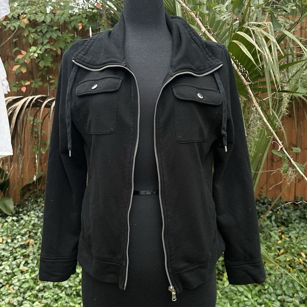 LAUREN RALPH LAUREN Active Black Cotton Knit Hooded Zip Sweater Jacket PL